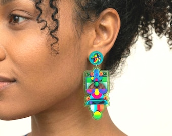 Pendientes retro multicolor: Pendientes colgantes llamativos y originales, pendientes vintage, joyería colorida y original, estilo moderno de mediados de siglo, regalo para ella por menos de 25