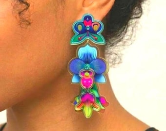 Pendientes florales de orquídeas, estilo cóctel glamuroso, fiesta en el jardín, día de verano, regalo para ella por menos de 25 años