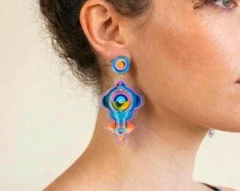 Pendientes de estilo moderno de mediados de siglo con diseño geométrico en color aguamarina intenso, regalo por menos de 25 €, pendientes llamativos para mujer, joyería de estilo vintage retro.