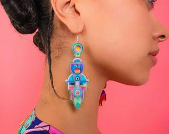 Pendientes verdes oscuros estilo rockabilly vintage impresos en 3D – Colgantes geométricos degradados, tatuaje de la vieja escuela, arte ecléctico y atrevido