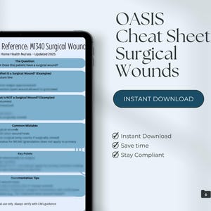 Può includere: Un foglio di trucchi digitale OASIS per ferite chirurgiche, aggiornato al 2025. Lo schermo del tablet mostra una guida di riferimento rapida con esempi e punti chiave. Il titolo è "OASIS Cheat Sheet: Surgical Wounds".