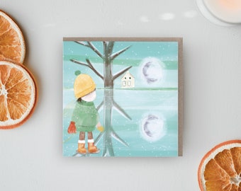 Nostalgic Eco Friendly Christmas Card - Dutch Winter Wonderland with Skating Girl and Cat