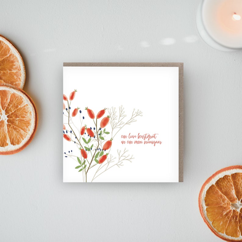 Christmas Rose Hip Flower Bouquet, White Berries, Christmas Cards Pack, Holiday Cards Kit, Seisonal Cards, Eco Friendly, Simple, Winter Dutch