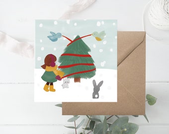 Decorating Christmas Fir Tree, Cute Christmas Card, Watercolor