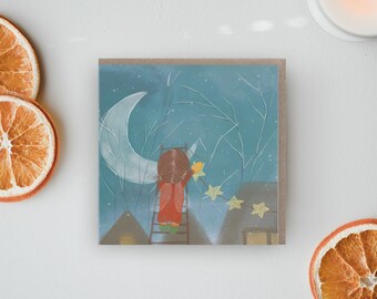 Christmas Card Pack | little girl and moon | eco friendly | holiday cards | decorating with stars