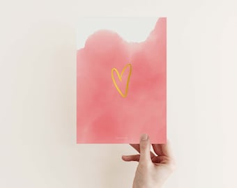 Gold Heart Poster, Pink Watercolor Poster, Eco-Friendly Heart Print, Simple Heart Print, Minimalist Heart Print, Pink Gold Wall Art Print