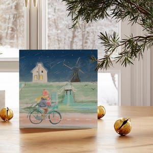 Nederlands landschap Illustratie | kerstkaart | door weer en wind | ouder en kind | winterkaart