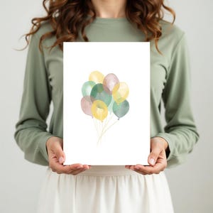 Grande carte de voeux ballon, format DIN A4, anniversaire ou fête, ballons aquarelles écologiques, verts, roses et jaunes - sans texte