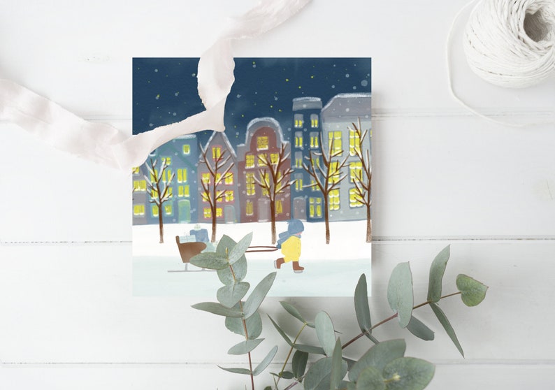 Dutch Canal House, Modern Christmas Cards Pack, Winter Wonderland, Skating Sleigh Snow, Seisonal Holiday Boxed, Watercolor Amsterdam image 6