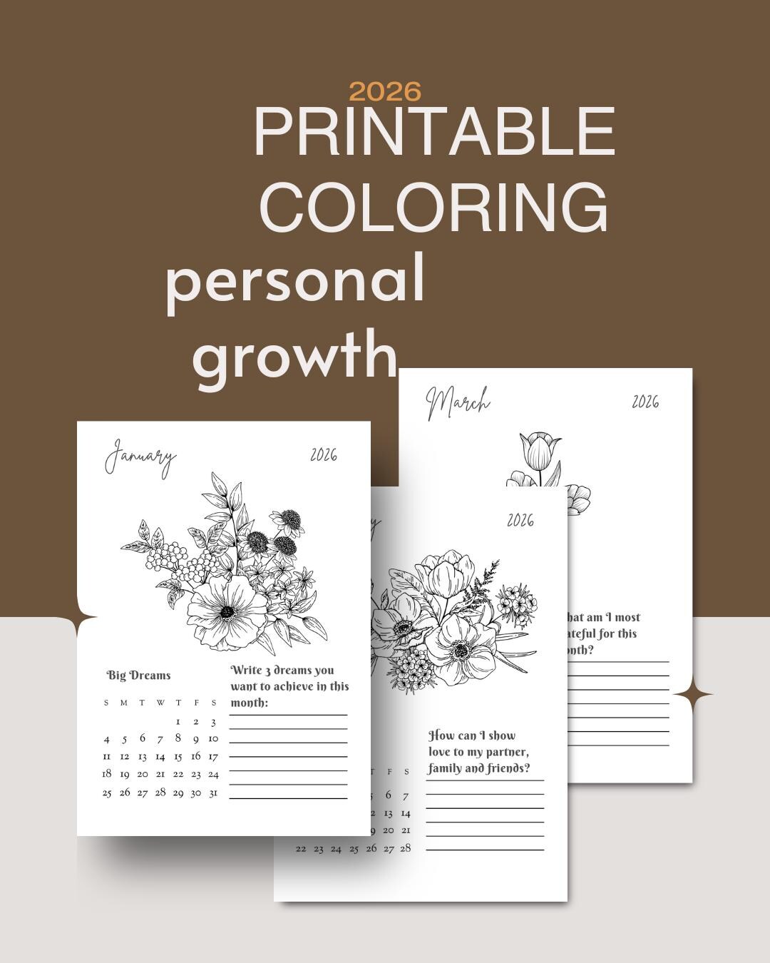 2026 Flowers Coloring Calendar Printable | Floral Coloring Pages ...
