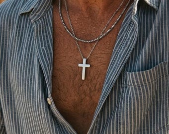 Zilveren kruisketting heren, dubbellaagse roestvrijstalen ketting, surfer cross-ketting, minimalistische kruishanger, cadeau vriendje
