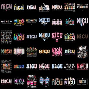 Puede incluir: Una colección de diseños coloridos con temática de la UCI neonatal (NICU), que incluyen gráficos basados en texto con frases como "enfermera de la UCI", "Unidad de cuidados intensivos neonatales" y "Donde nunca eres demasiado joven para la cafeína".