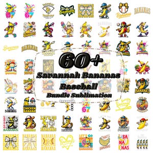 Könnte beinhalten: Eine Sammlung von über 60 Savannah Bananas Baseball-Sublimationsdesigns. Die Designs zeigen Cartoon-Bananen in verschiedenen Posen, die Hüte und Sonnenbrillen tragen und Baseballschläger halten. Der Text "Savannah Bananas Baseball Bundle Sublimation" ist ebenfalls enthalten.
