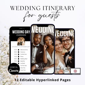 May include: Three smartphones displaying wedding itinerary templates. The screens show wedding day overviews, couple photos, and event details. Text includes "Wedding Itinerary for Guests," "Edit in Canva," and "12 Editable Hyperlinked Pages."