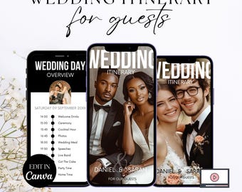 Peut inclure: Trois smartphones affichent des modèles d'itinéraires de mariage. Les écrans montrent des aperçus de la journée de mariage, des photos de couples et des détails de l'événement. Le texte comprend "Wedding Itinerary for Guests", "Edit in Canva" et "12 Editable Hyperlinked Pages."