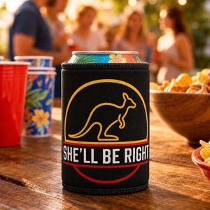 May include: Black drinks koozie featuring a yellow kangaroo design and the text "SHE'LL BE RIGHT". The koozie is on a wooden table with a can of beverage inside. Other party supplies are in the background.