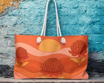 Waratah Sunset Boho Beach Tote, Australian Native Weekender Bag