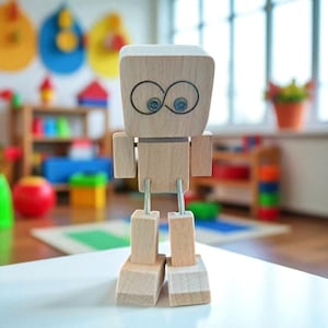 以下が含まれることがあります： 正方形の頭と体、腕と脚を持つ木製のおもちゃのロボット。ロボットの目は黒い線で描かれています。おもちゃは明るい色の木でできており、白い表面に立っています。背景はぼやけたプレイルームです。