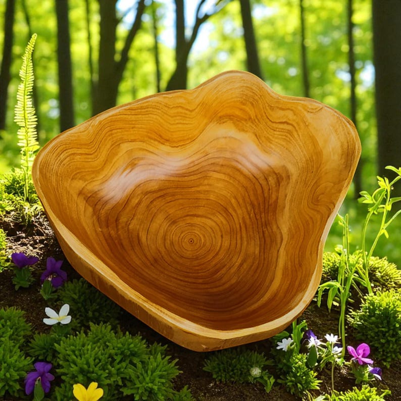 Puede incluir: Un cuenco de madera grande, de forma irregular, con un patr&oacute;n de vetas de madera natural. El cuenco es de color marr&oacute;n claro y se asienta sobre un lecho de musgo verde y peque&ntilde;as flores. El fondo es una escena de bosque borrosa.