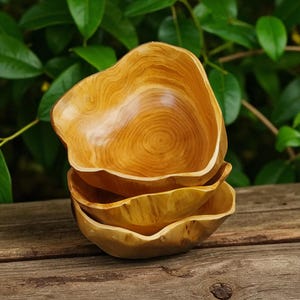 Puede incluir: Una pila de cuatro cuencos de madera con un acabado natural de color marr&oacute;n claro. Los cuencos tienen una forma org&aacute;nica e irregular y patrones de vetas de madera visibles. Est&aacute;n apilados sobre una superficie de madera con un fondo de hojas verdes.