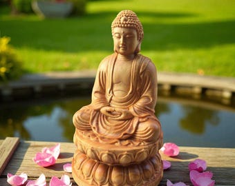 Estatua de Buda de madera de ciprés: Escultura de Shakyamuni meditando