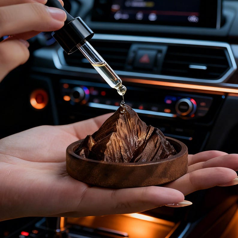K&ouml;nnte beinhalten: Ein h&ouml;lzerner Auto-Lufterfrischer in Form einer Bergkette, gehalten in einer Hand. Eine Pipette gibt Fl&uuml;ssigkeit auf den Berg ab. Der Lufterfrischer steht auf einer runden Holzbasis. Der Hintergrund zeigt das Armaturenbrett eines Autos.