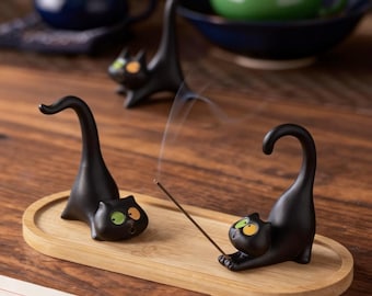 Cat Incense Holder, Black Cat Themed Zen Decor, Cute Ceramic Stick Incense Burner with Wooden Base, Meditation Desk Decor, Cat Lover Gift
