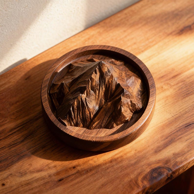 K&ouml;nnte beinhalten: Ein runder Untersetzer aus Holz mit einem geschnitzten Bergketten-Design. Der Untersetzer ist aus dunkelbraunem Holz gefertigt und weist detaillierte Reliefs von Gipfeln und T&auml;lern auf. Er liegt auf einer Holzoberfl&auml;che.