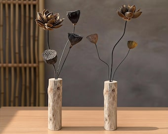 Arreglo Zen de Loto Seco, Jarrón con Flores de Loto, Decoración Ikebana con Base de Madera Natural, Decoración Wabi Sabi para el Hogar