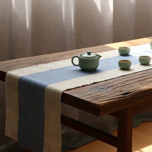 May include: A wooden table with a blue and beige table runner. A small, pale green teapot and three matching teacups are arranged on the runner. The table is set near a sheer curtain.