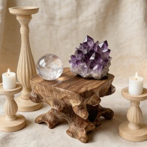 May include: A wooden display stand holds a clear crystal ball and a cluster of purple amethyst crystals. Two small wooden candle holders with lit white candles flank the stand. A tall wooden candlestick is in the background.
