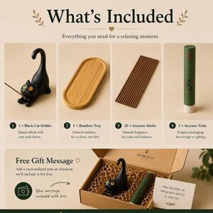 May include: An incense set featuring a black cat holder, an oval bamboo tray, twenty brown incense sticks, and a green incense tube. The items are displayed individually and also packed together in a cardboard gift box with a small note card.