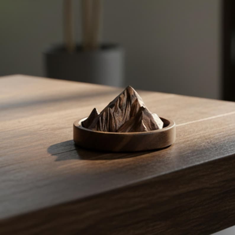 K&ouml;nnte beinhalten: Eine detaillierte Holzberg-Skulptur in einer kreisf&ouml;rmigen Holzschale. Der Berg weist geschnitzte Gipfel und T&auml;ler auf. Die Schale und der Berg sind warmbraun und stehen auf einer dunklen Holzoberfl&auml;che. Der Berg ist etwa 5 cm hoch.