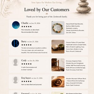 May include: A customer review infographic for ZenBoodi featuring five product testimonials. It displays a Bodhi bead bracelet, ceramic oil lamps, a wooden entryway organizer, a wooden diffuser block, and mini rosewood root plant stands.