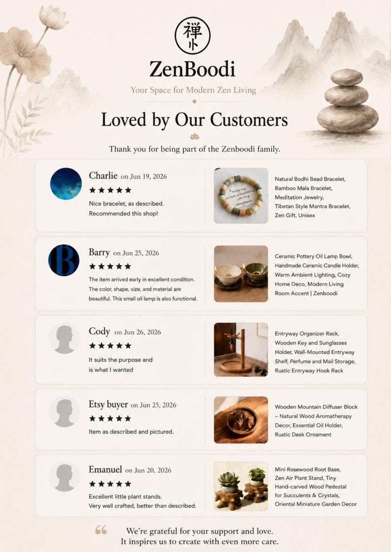 May include: A customer review infographic for ZenBoodi featuring five product testimonials. It displays a Bodhi bead bracelet, ceramic oil lamps, a wooden entryway organizer, a wooden diffuser block, and mini rosewood root plant stands.