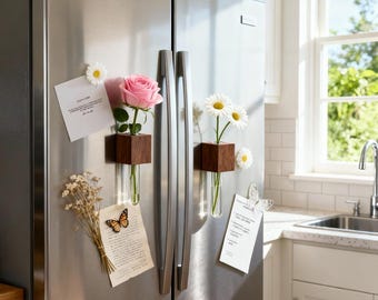Juego de 2 imanes magnéticos de madera para nevera con forma de florero, miniflorero con forma de tubo de ensayo, decoración floral 3D para nevera, regalo rústico para cocina.