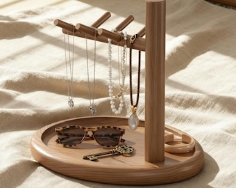 Organizador de joyas de madera, expositor rústico para collares, anillos y pulseras, soporte de madera para pendientes y almacenamiento de joyas.