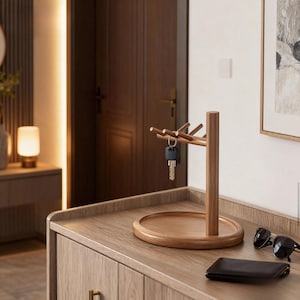 May include: A wooden key holder with a tree-like design, featuring a round base and multiple branches for hanging keys. A set of keys hangs from the branches. The key holder sits on a wooden cabinet, with a wallet and sunglasses nearby.