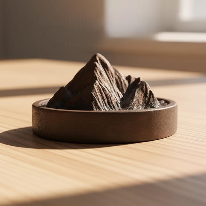 K&ouml;nnte beinhalten: Eine braune Miniatur-Gebirgsketten-Skulptur in einer kreisf&ouml;rmigen, dunkelbraunen Schale. Die Berggipfel haben ein strukturiertes, zerkl&uuml;ftetes Aussehen. Die Schale steht auf einer hellen Holzoberfl&auml;che.