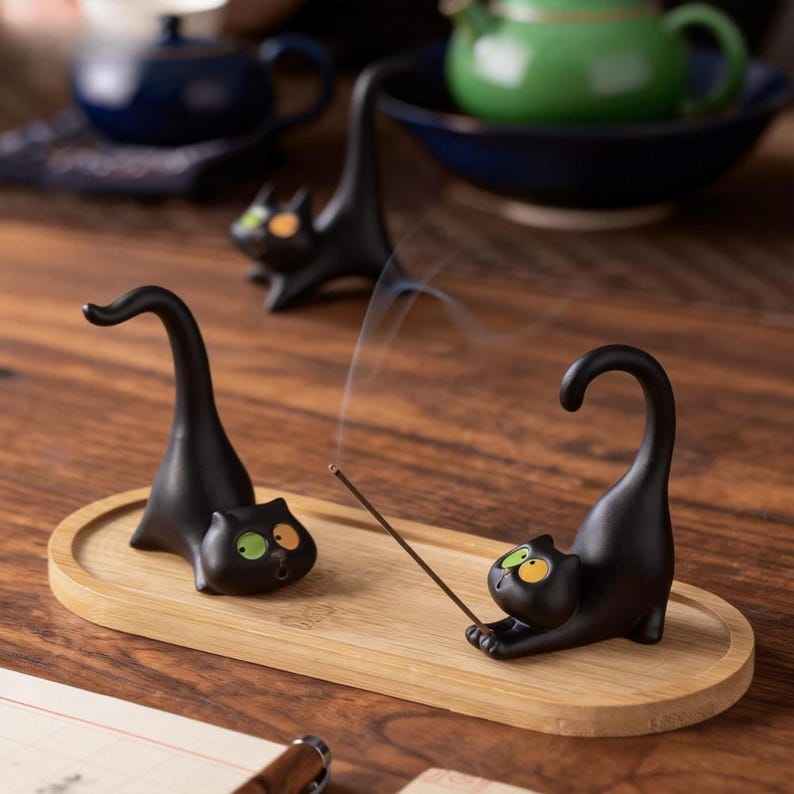 May include: Two matte black ceramic cat figurines with large, mismatched green and orange eyes, positioned on an oval light-colored wooden tray. One cat is in a stretching pose with an incense stick held in its paws, emitting a thin trail of smoke.