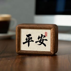 Puede incluir: Un marco rectangular de madera con los caracteres chinos "平安" en caligrafía negra sobre un fondo crema. Un sello rojo está en la esquina superior derecha. El marco está sobre una superficie de madera.