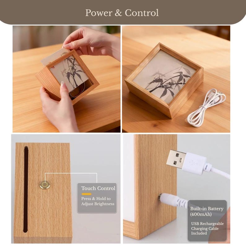 Puede incluir: Una caja de luz cuadrada de madera con una ilustraci&oacute;n de bamb&uacute;, un bot&oacute;n t&aacute;ctil para ajustar el brillo y una bater&iacute;a integrada de 400 mAh. El dispositivo incluye un cable de carga USB blanco para alimentaci&oacute;n y control, con una ranura para tarjetas.