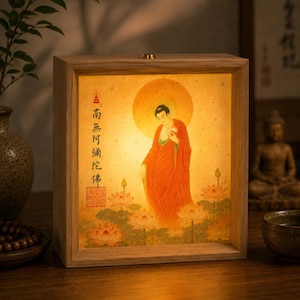 Puede incluir: Una caja de luz cuadrada de madera con una impresi&oacute;n iluminada de una figura con t&uacute;nicas naranjas de pie entre flores de loto. La obra incluye un halo dorado y caligraf&iacute;a china vertical en el lado izquierdo, dentro de un marco claro.