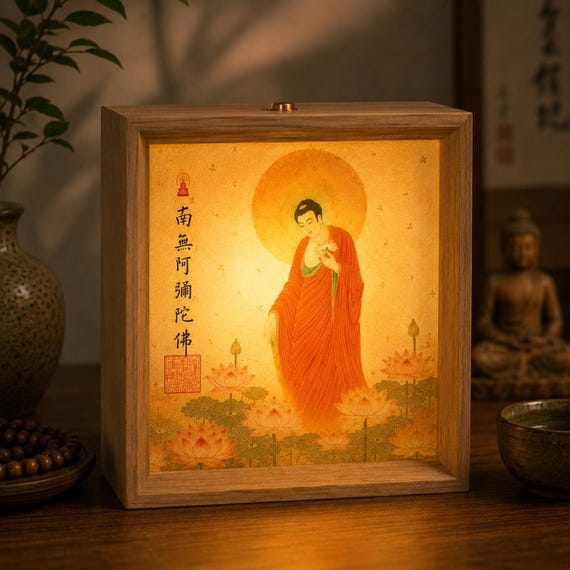 Buddhist Wooden Light Box, Spiritual Art Lamp with Buddha & Bodhisattva Imagery, USB Rechargeable Ambient Lamp  | By Zenboodi