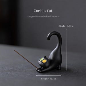Cat Incense Holder, Ceramic Black Cat Decor, Stick Incense Burner with Wooden Base, Zen Meditation Gift, Tea Table Decor for Cat Lovers Curious Cat