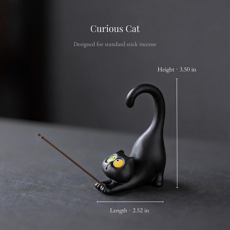 Cat Incense Holder, Ceramic Black Cat Decor, Stick Incense Burner with Wooden Base, Zen Meditation Gift, Tea Table Decor for Cat Lovers Curious Cat
