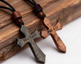 Collar con cruz de madera para hombre, colgante de cruz cristiana, collar de madera hecho a mano, joyería minimalista de fe, regalo grabado / Por Zenboodi