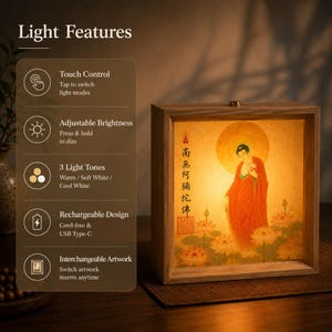 Puede incluir: Una caja de luz cuadrada de madera con una ilustraci&oacute;n en tonos c&aacute;lidos de una figura con t&uacute;nica roja entre flores de loto. El texto "Light Features" y una lista de funciones que incluyen control t&aacute;ctil y carga USB-C son visibles.