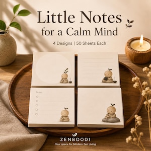May include: Four stacks of square sticky notes labeled Little Notes for a Calm Mind, 4 Designs | 50 Sheets Each. Each pad features a small cartoon character with a sprout on its head. The pads include a blank circle, lined paper, a to-do list, and blank space.