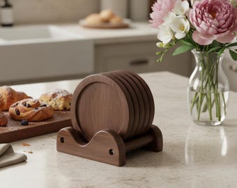 Bamboo Wood Coaster Set with Holder, Round Drink Coasters, Minimalist Home Decor, Natural Table Protection Gift